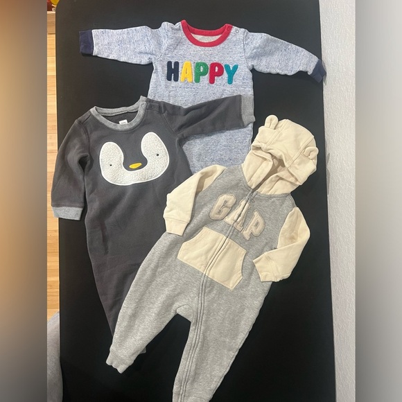 GAP Other - Lot of 3 Baby Gap Romper/Sleeper Outfits – Grey Penguin, Bear Hood & HAPPY Print